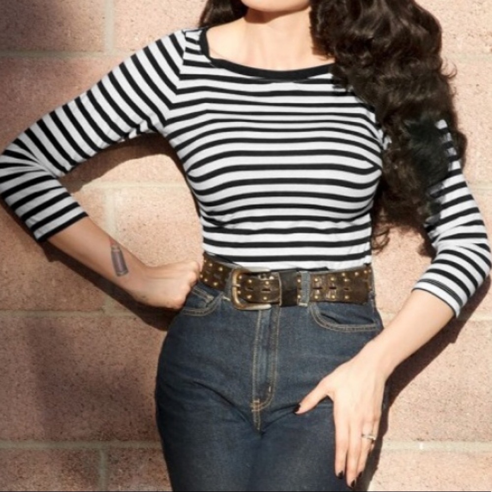 Pinup Couture Black & White Striped Boatneck Top